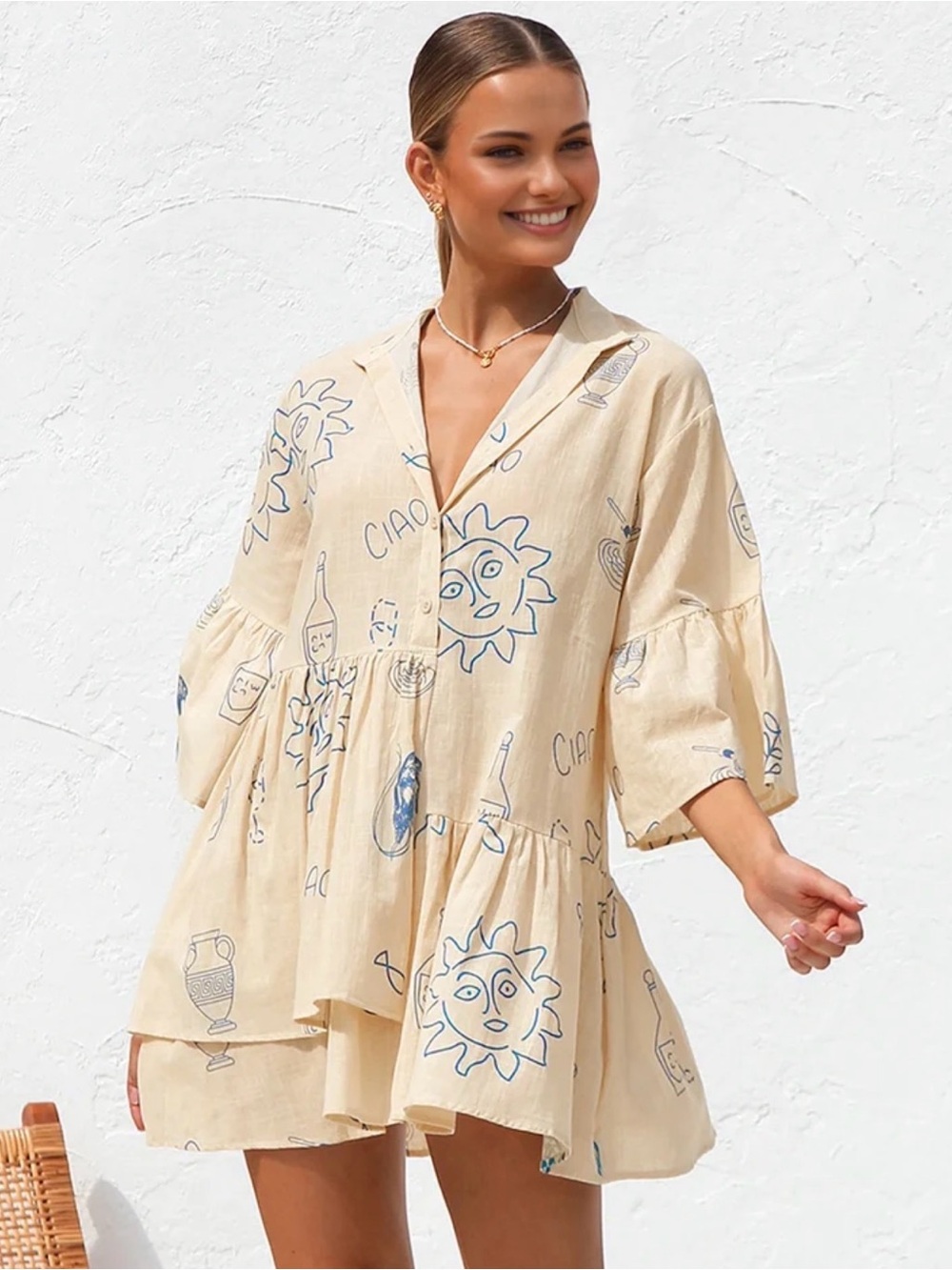 COMMENSE Oversized Sun Print Short Dress Size: M
